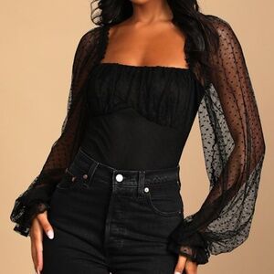 NWT • Lulus • Call The Dots Black Dotted Mesh Long Sleeve Bodysuit - Size S